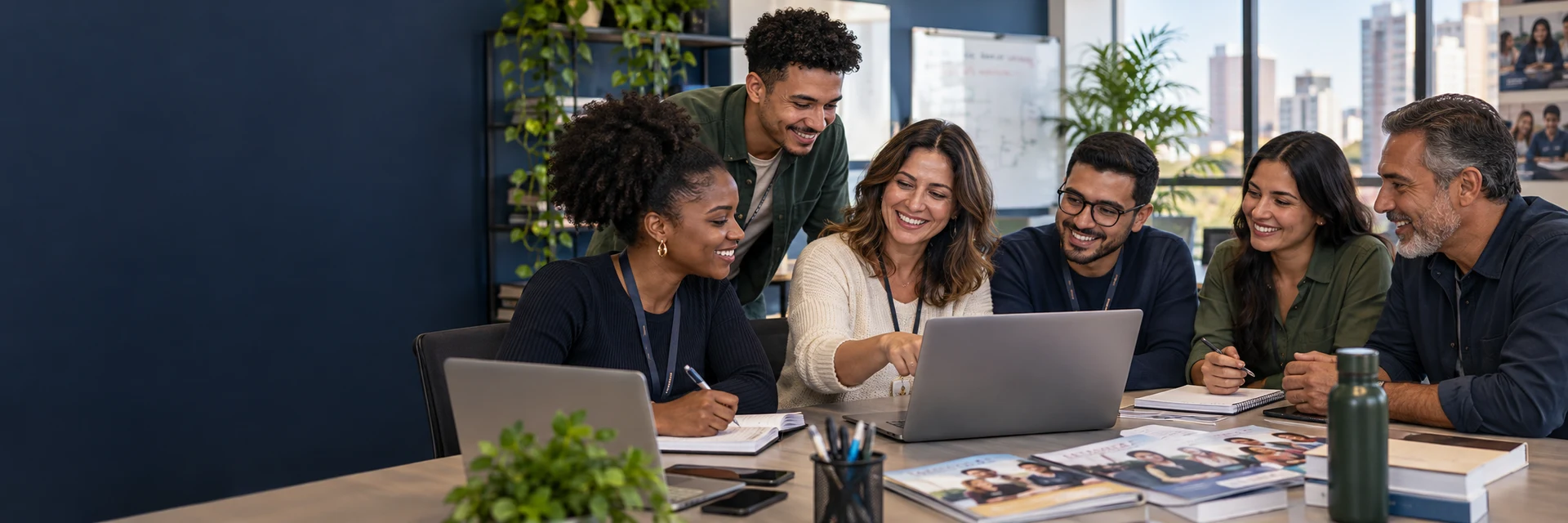 Equipe diversa colaborando em um ambiente de trabalho educacional