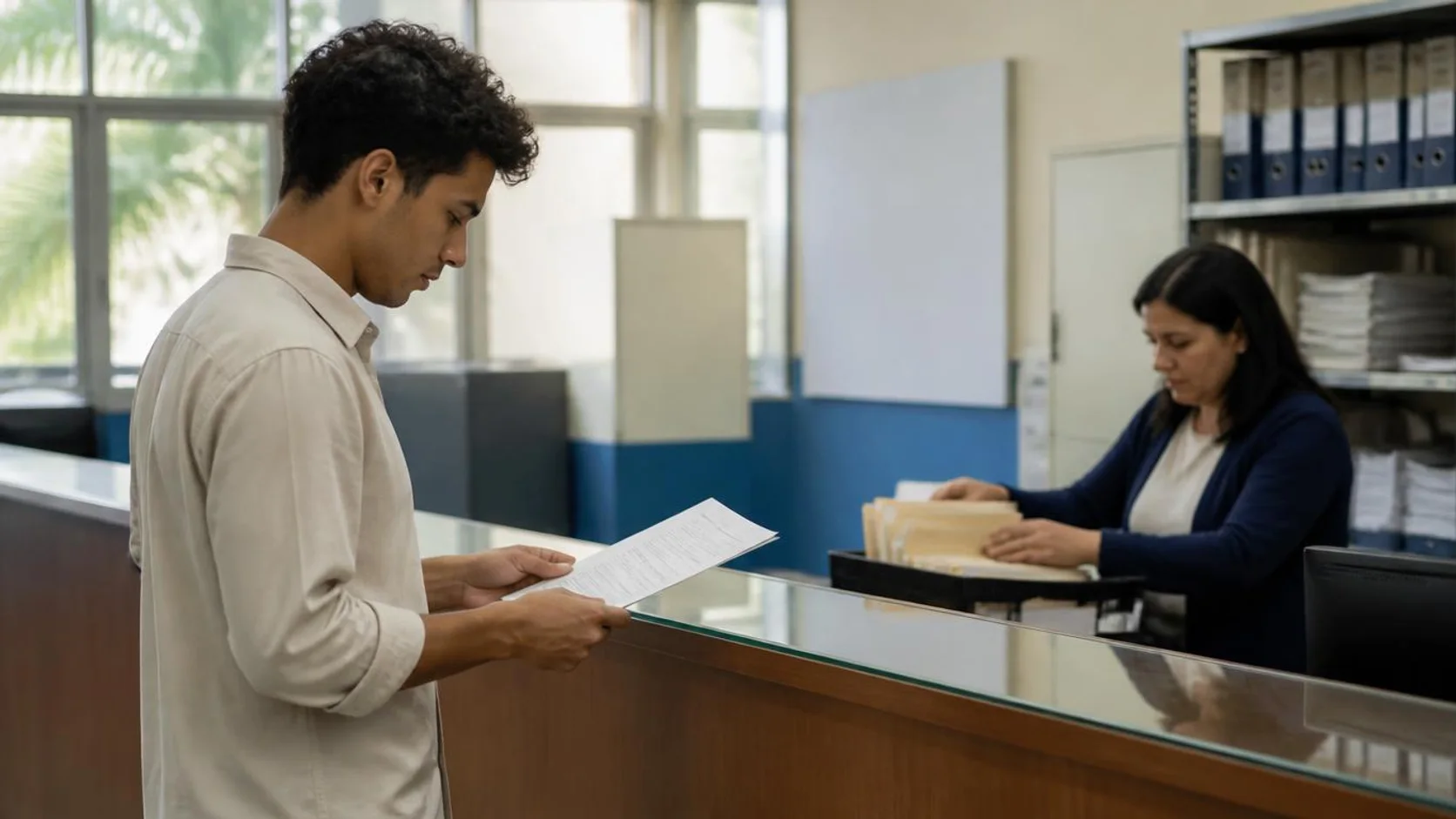 Candidato revisa formulário impresso em balcão de secretaria acadêmica enquanto servidora organiza pastas de documentos ao fundo.