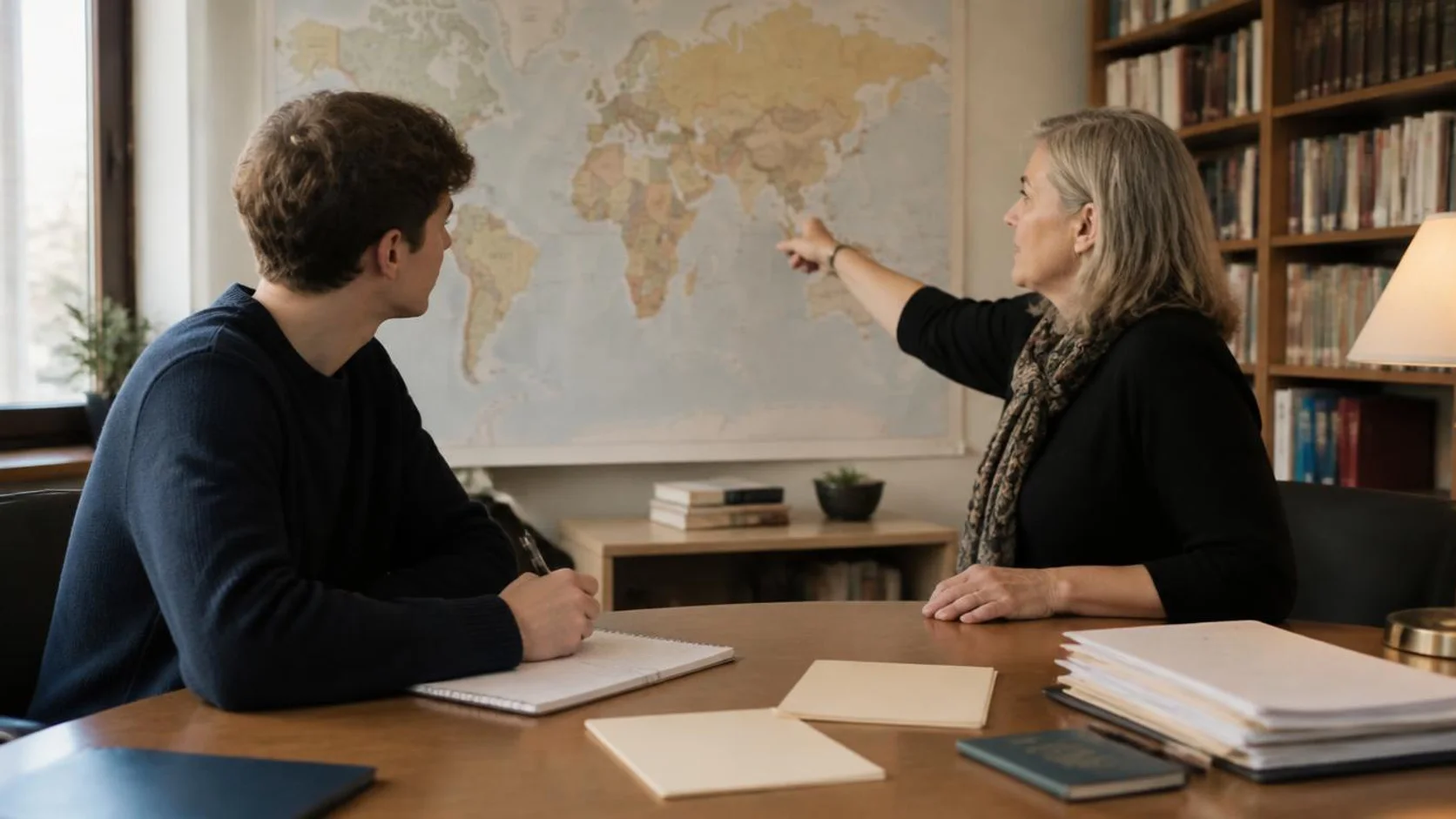 Orientadora e estudante comparam regiões em um mapa-múndi sobre uma mesa, com pastas e listas de verificação impressas.