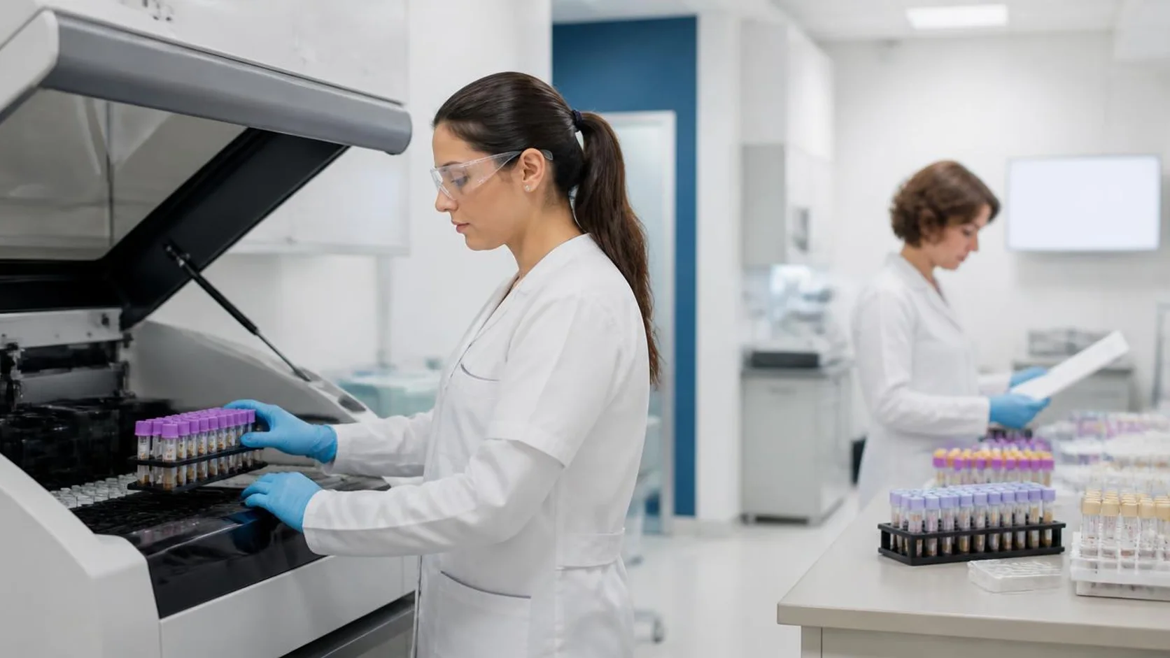 Profissional de laboratório com luvas e óculos de proteção posiciona tubos de amostras em analisador automático, com colega conferindo planilha de controle de qualidade ao fundo.
