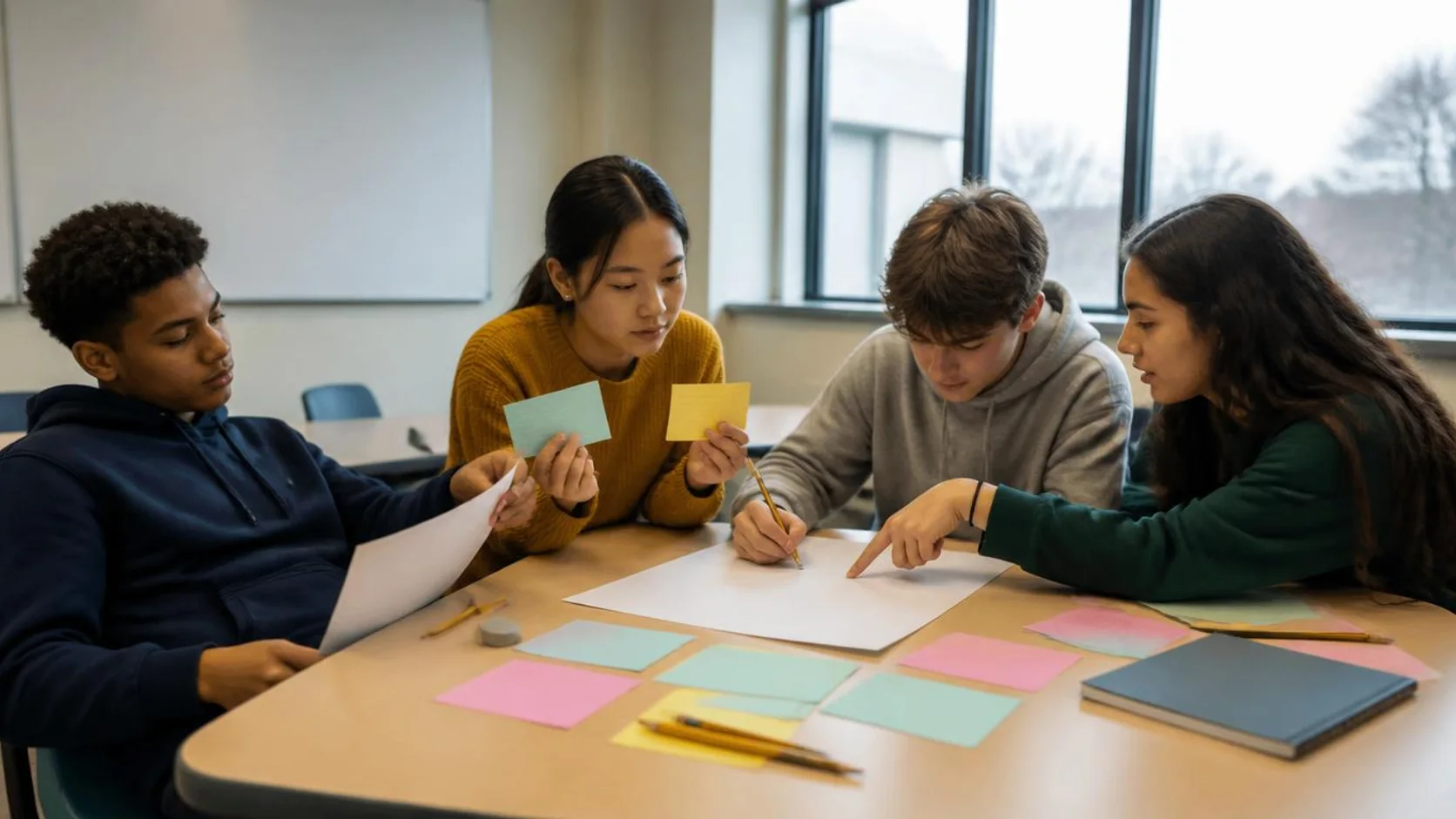 Quatro estudantes ao redor de uma mesa organizando cartões e anotações em uma única folha grande durante uma atividade colaborativa.