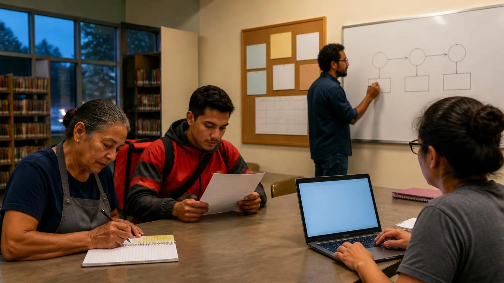 Adultos de idades diferentes estudam juntos em uma sala comunitária à noite, com cadernos, um notebook e um quadro com etapas em branco.