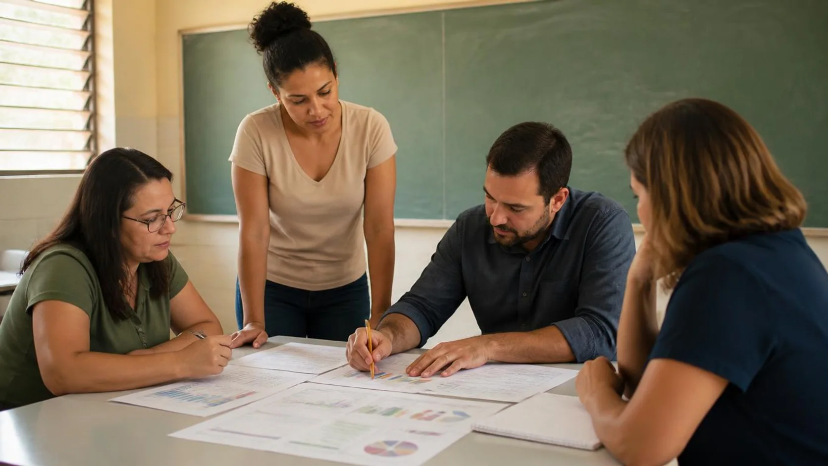 Professores reunidos em uma sala de coordenação analisam gráficos impressos de desempenho escolar sobre a mesa.