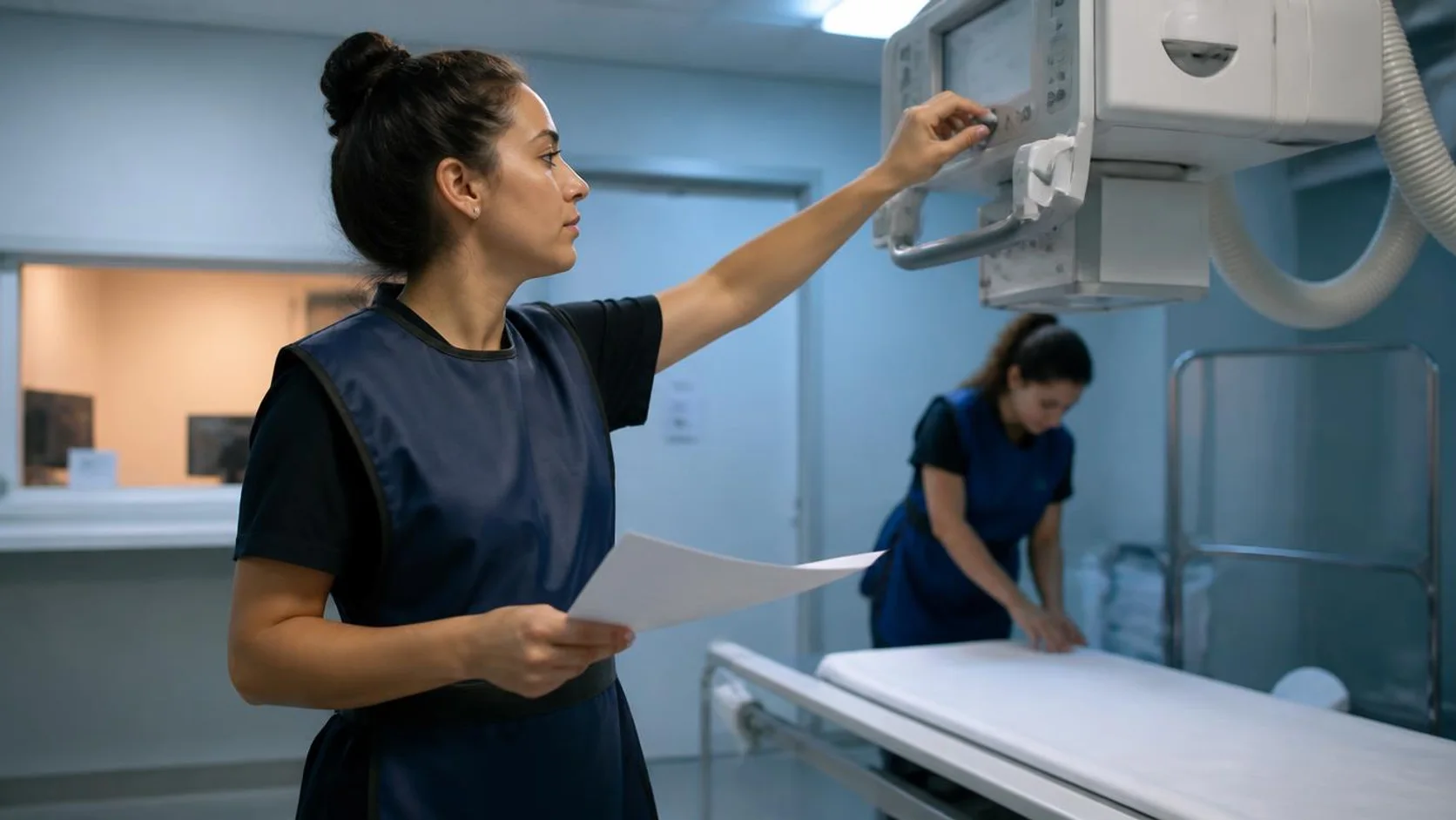 Estudante de tecnologia em radiologia com avental de chumbo ajusta o painel de um equipamento de imagem em sala de exame hospitalar.