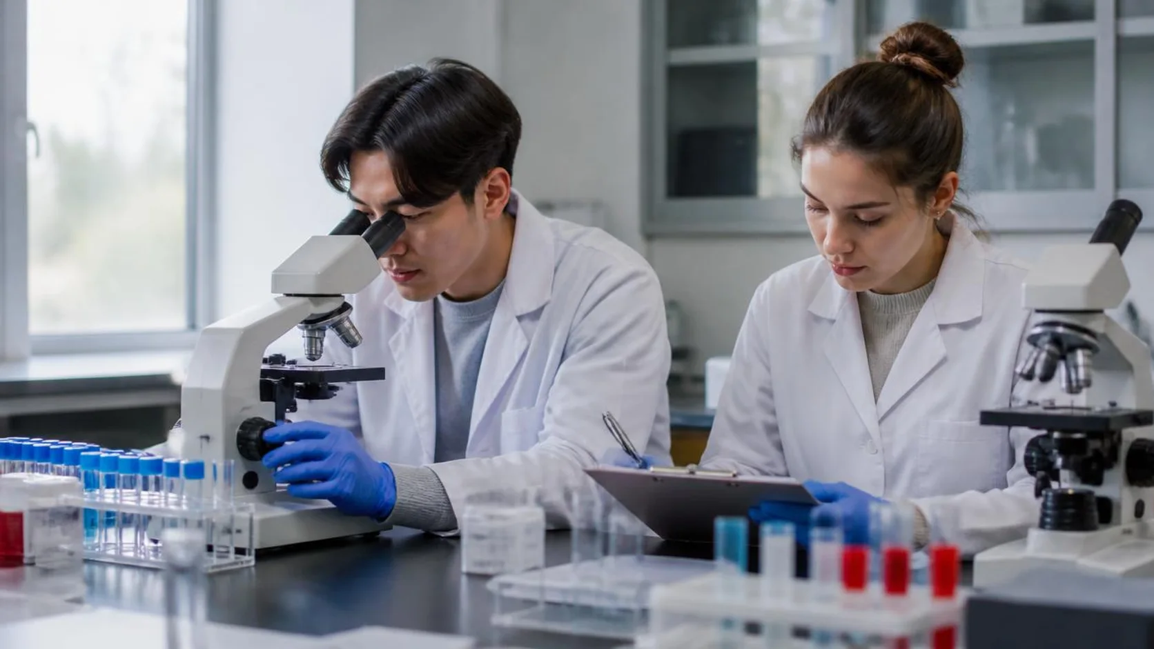 Dois estudantes de biomedicina trabalham em bancada de laboratório, um ajustando o microscópio e o outro anotando em prancheta ao lado de tubos de amostras.