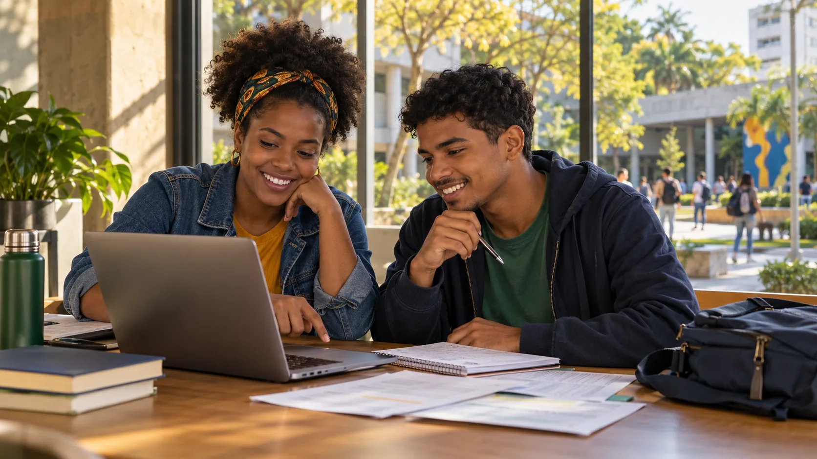 Dois jovens pesquisam oportunidades de bolsa no computador e organizam documentos.
