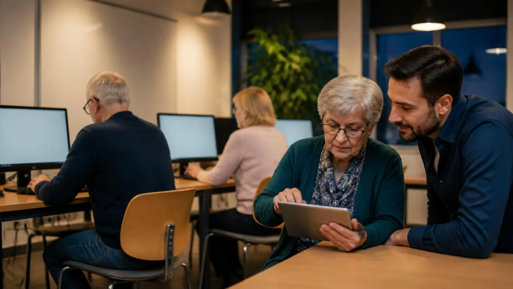 Instrutora acompanha uma senhora que aprende a usar um tablet em sala comunitária de capacitação digital, com outros adultos em computadores ao fundo.