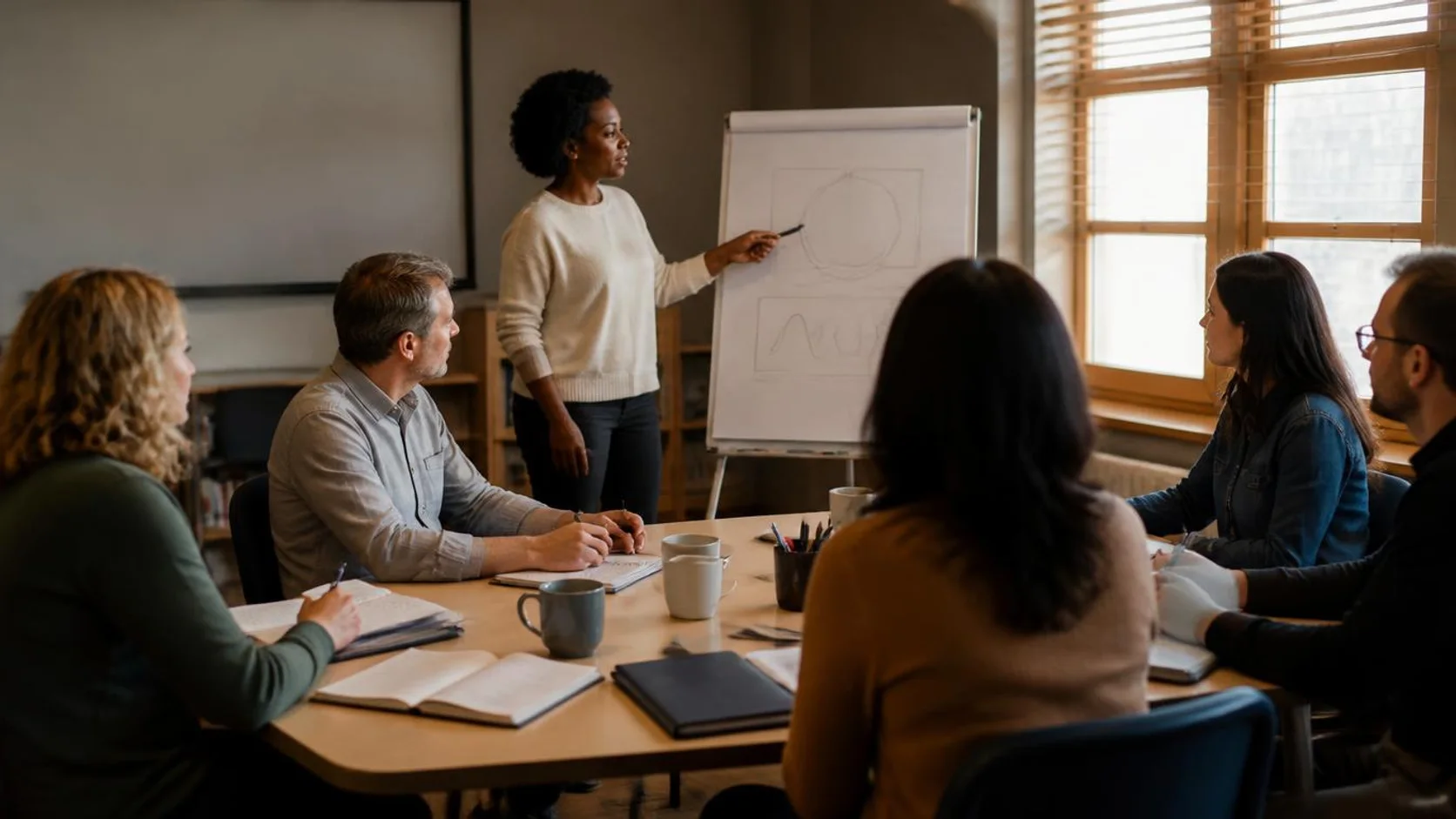 Professores reunidos em uma formação continuada, com uma colega explicando um esboço em flip chart enquanto os demais tomam notas.