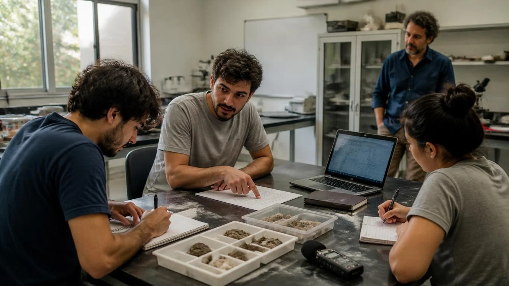 Estudante de pós-graduação explica um roteiro metodológico em papel a dois colegas de iniciação científica em um laboratório de universidade, com o orientador ao fundo.