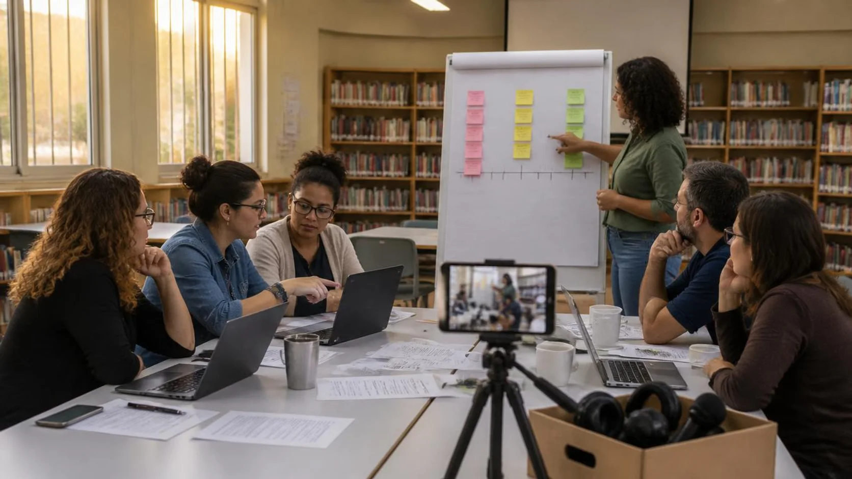 Professores em círculo de formação continuada analisam planos de aula em notebooks enquanto uma formadora organiza anotações em um quadro de flip chart