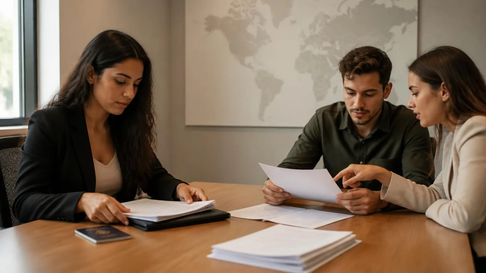 Profissional organiza documentos acadêmicos e passaporte em uma mesa de reunião, com colegas avaliando os papéis ao fundo.