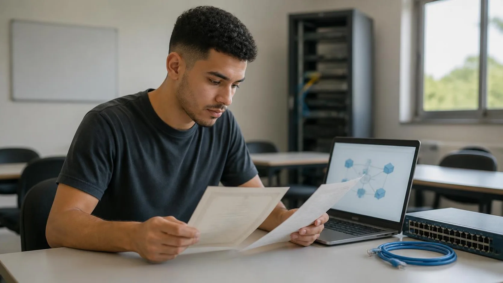 Estudante compara ementa impressa e certificado de curso técnico sobre a mesa, ao lado de notebook com diagrama de rede.