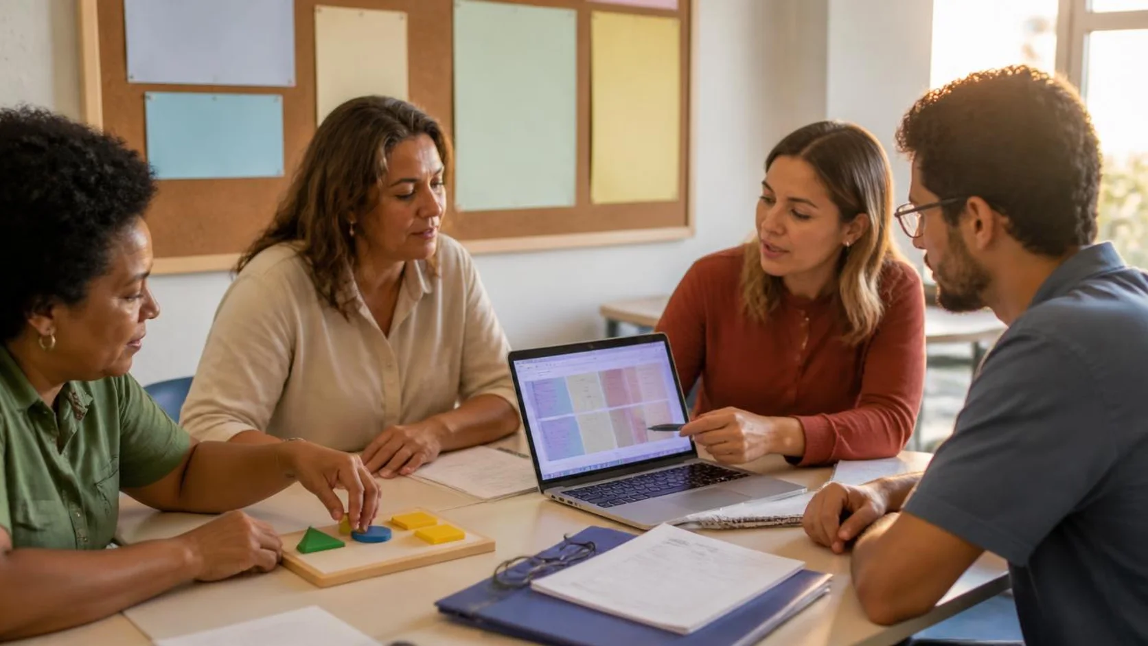 Profissionais da educação reunidos em formação continuada analisam plano de aula e recurso de comunicação alternativa sobre a mesa.