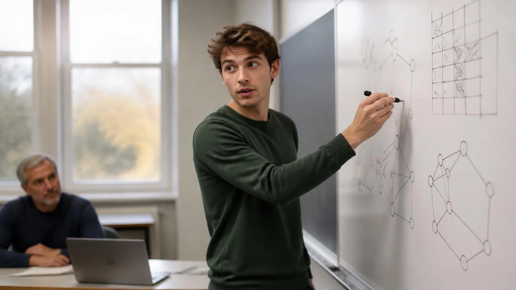 Estudante resolve um exercício de grafos em um quadro branco enquanto um professor acompanha a explicação em uma sala de aula.
