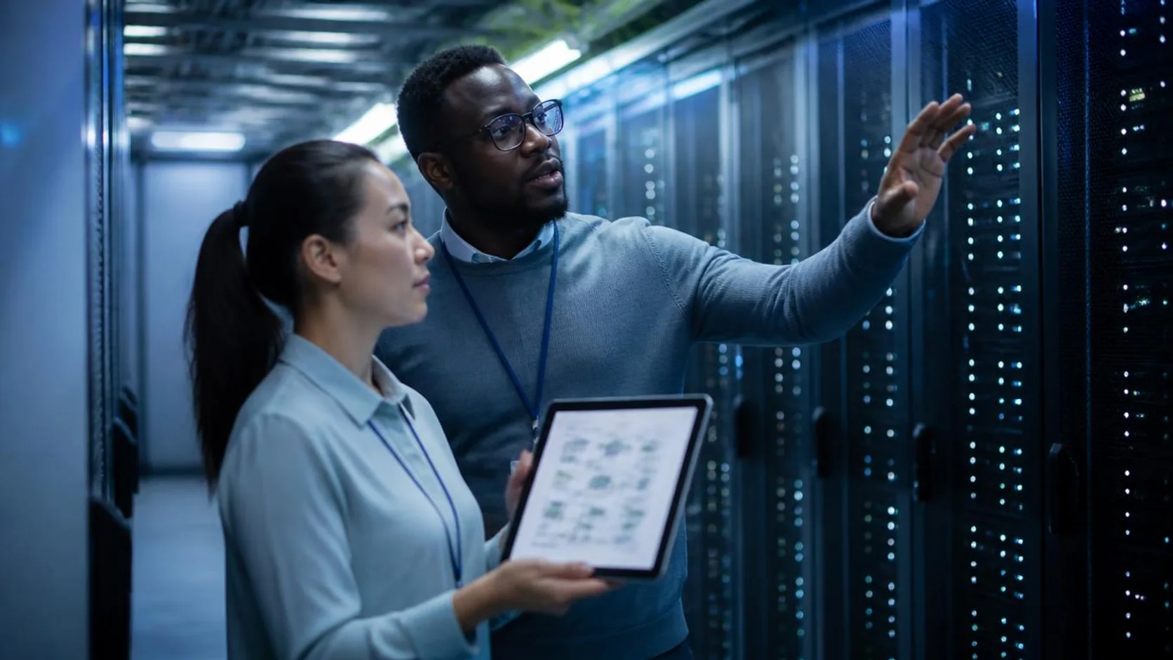 Profissionais de dados observam um fluxo de processamento diante de rack de servidores em sala de operações.