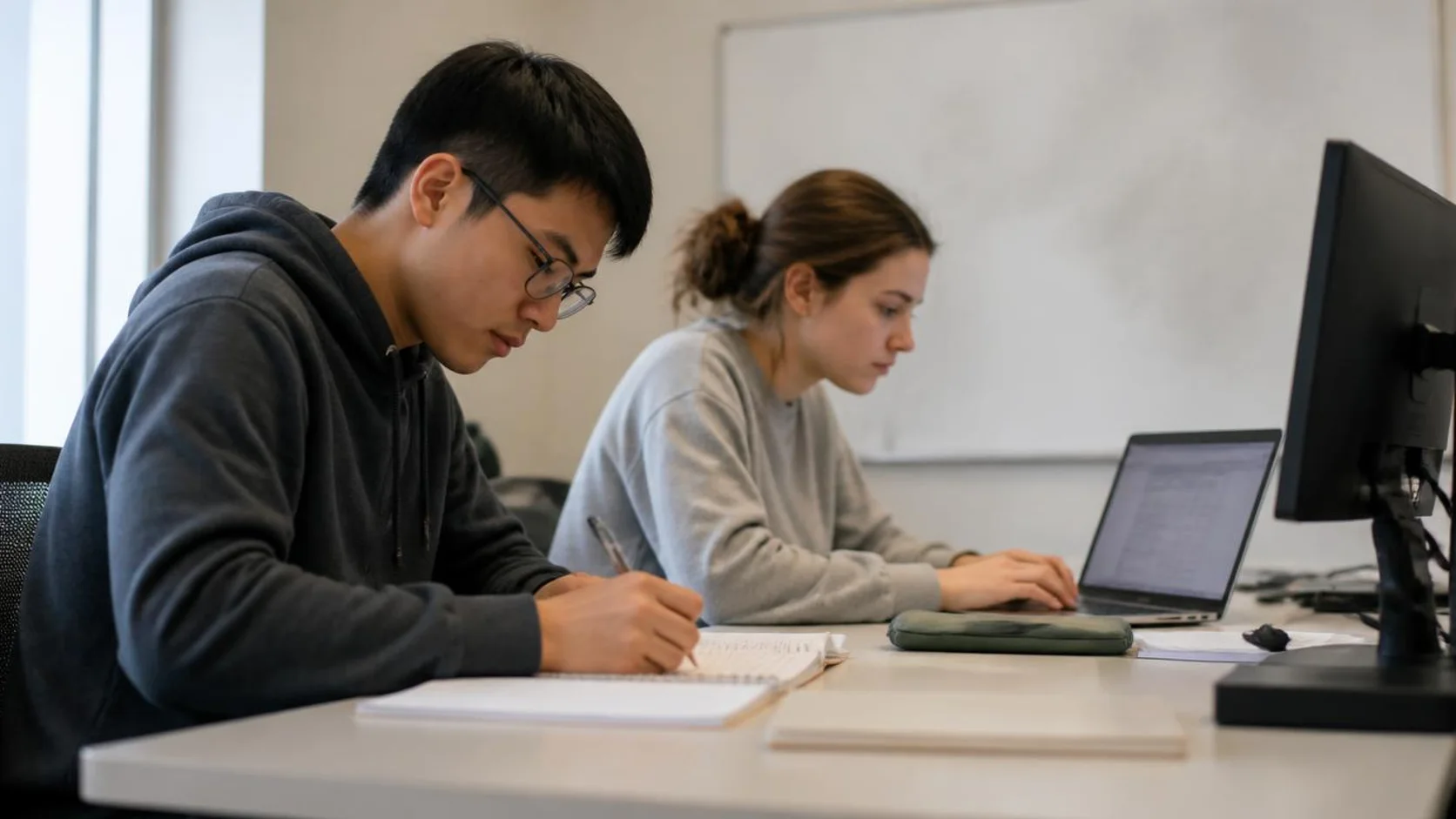 Estudantes de graduação estudam estatística e programação lado a lado em um laboratório de informática da universidade.