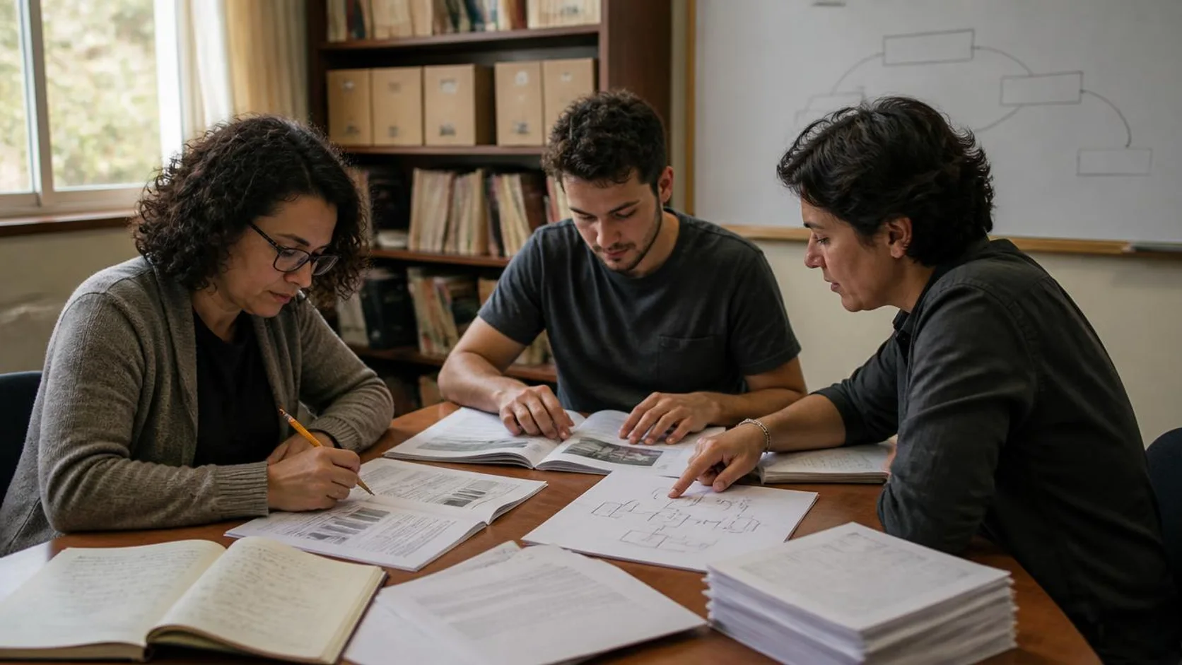 Três pessoas analisam textos acadêmicos e um quadro com um fluxograma em branco numa sala de pesquisa iluminada pela janela.