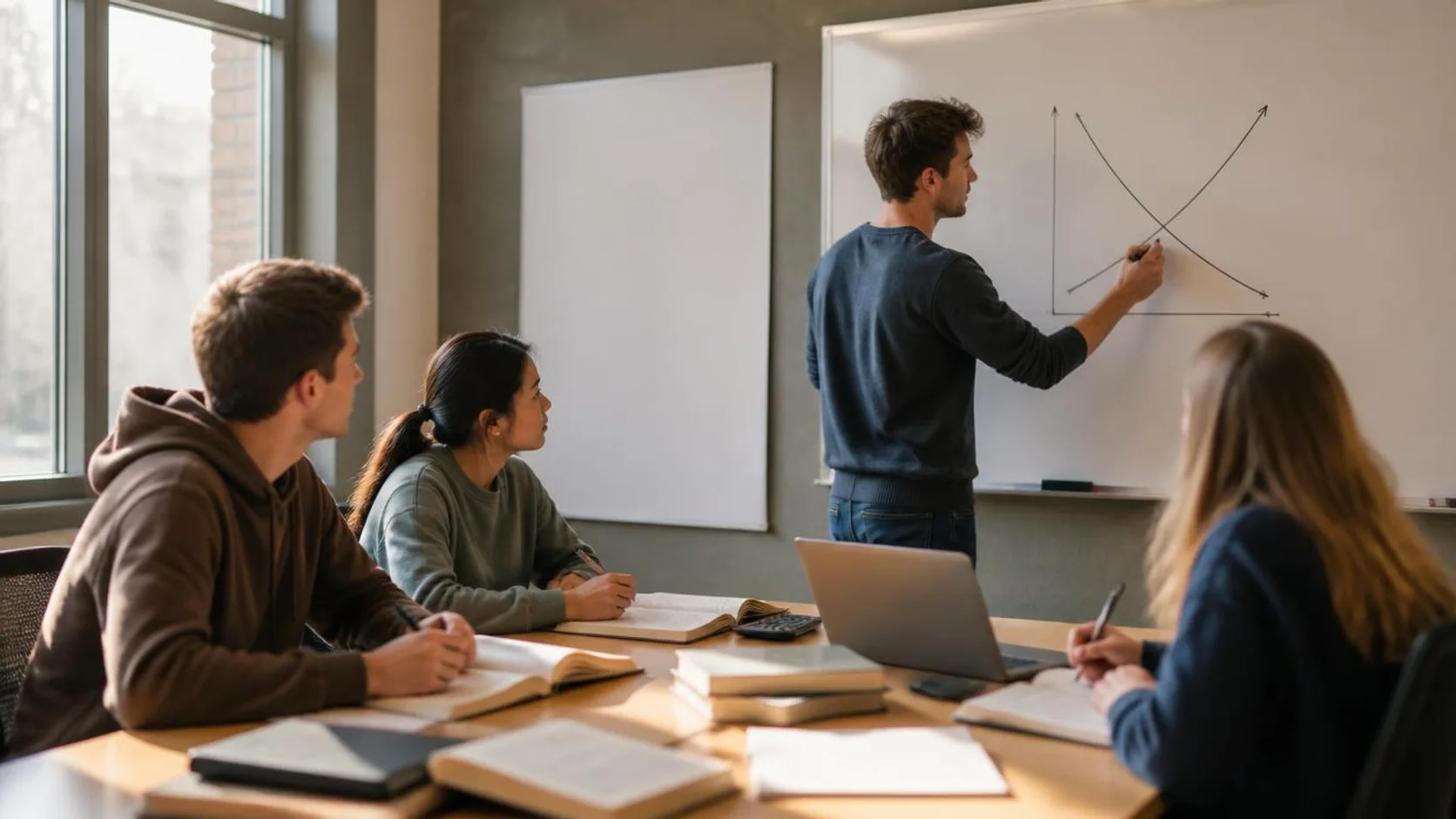 Estudante de economia desenha um diagrama abstrato na lousa enquanto colegas tomam notas em uma sala de seminário universitária.