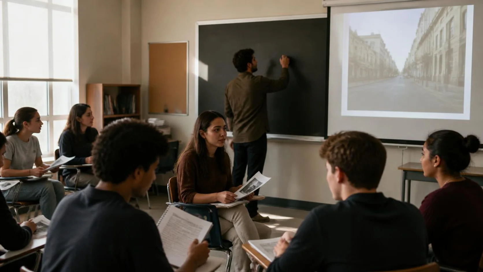 Aula de ciências sociais no ensino médio, com a professora à frente do quadro e estudantes em semicírculo discutindo textos impressos em duplas.