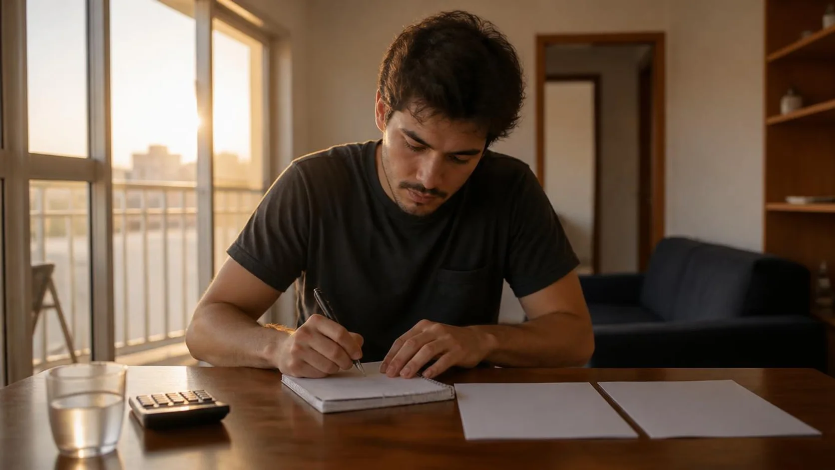 Estudante anota uma lista de perguntas em um caderno ao lado de duas propostas impressas sobre a mesa, com uma calculadora simples e um copo de água, à luz da janela.