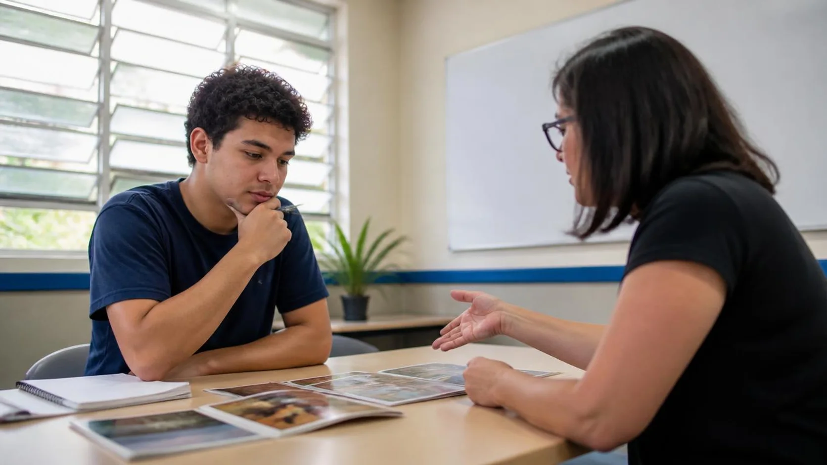 Profissional de orientação conversa com um jovem que analisa apostilas de cursos impressas e um caderno aberto sobre a mesa, em uma sala de atendimento com janelas de vidro laminado.