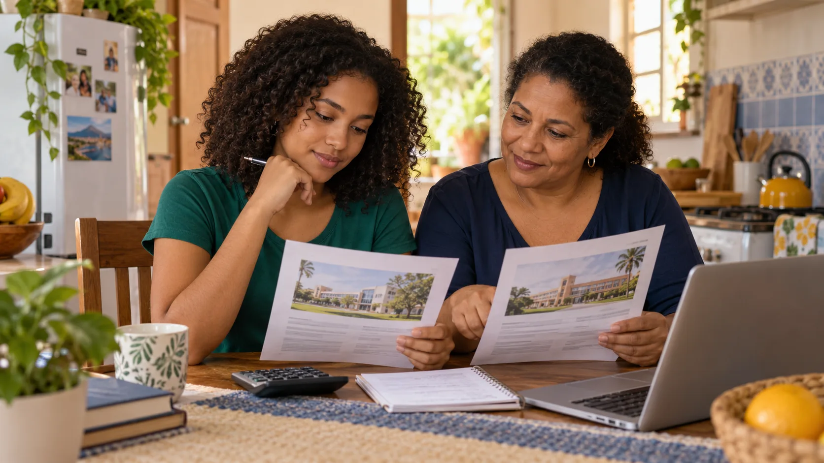 Uma jovem e sua mãe comparam propostas de faculdade com uma calculadora e um caderno.