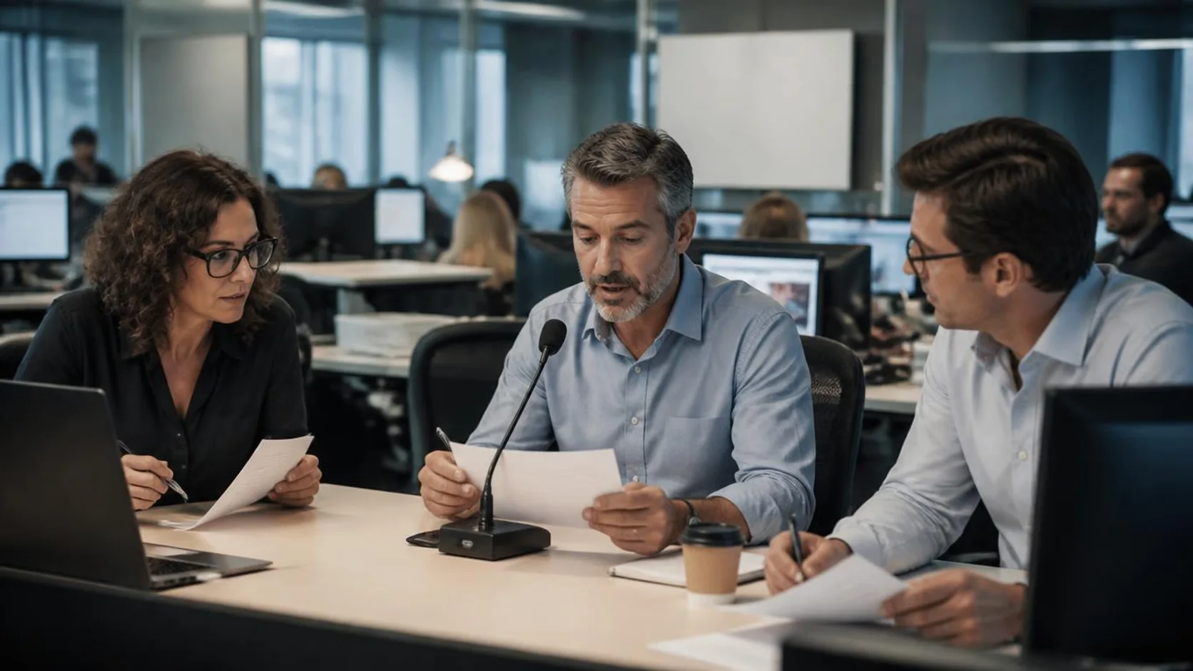 Equipe de comunicação corporativa prepara um pronunciamento em escritório aberto, com microfone e telas ao fundo.