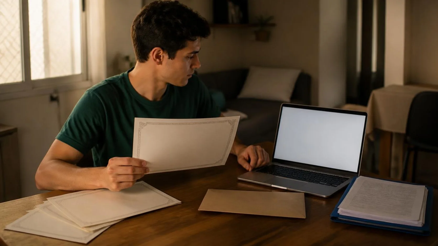 Pessoa sentada à mesa segurando um diploma impresso e conferindo documentos acadêmicos no notebook.