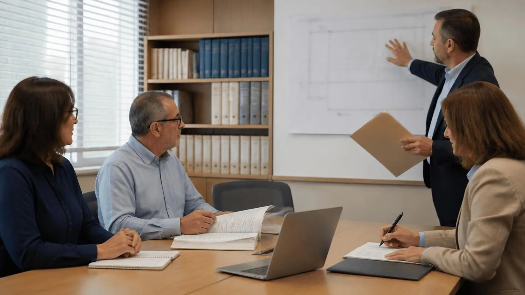 Comissão de avaliadores analisa relatório impresso em mesa de reunião, com coordenadora apontando para a planta da instituição ao fundo.