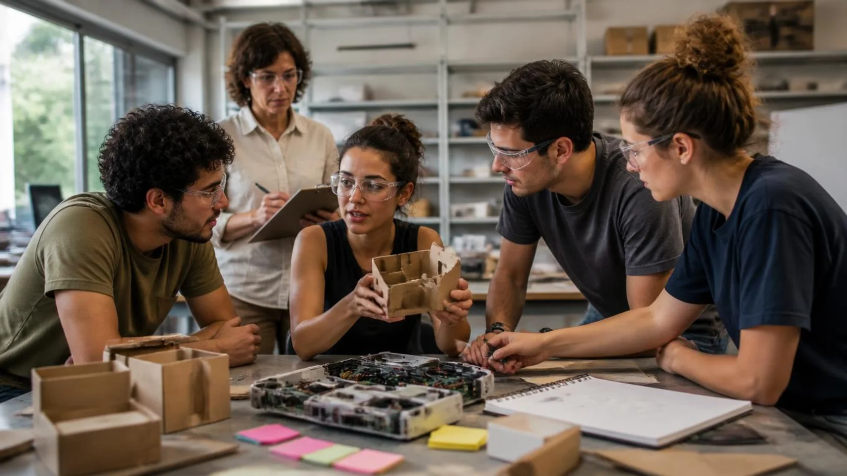 Estudantes com óculos de proteção mostram um protótipo de papelão em bancada de laboratório universitário enquanto uma orientadora anota observações.