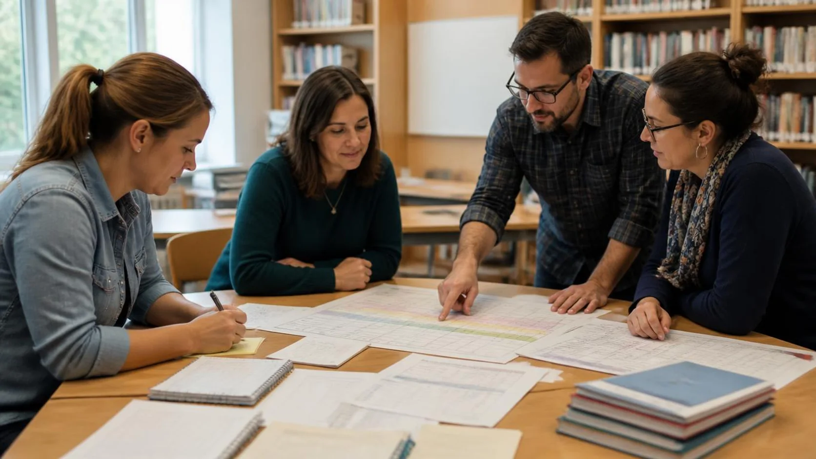 Professores e coordenação pedagógica analisam gráficos de avaliação e planos de aula sobre uma mesa na biblioteca da escola.