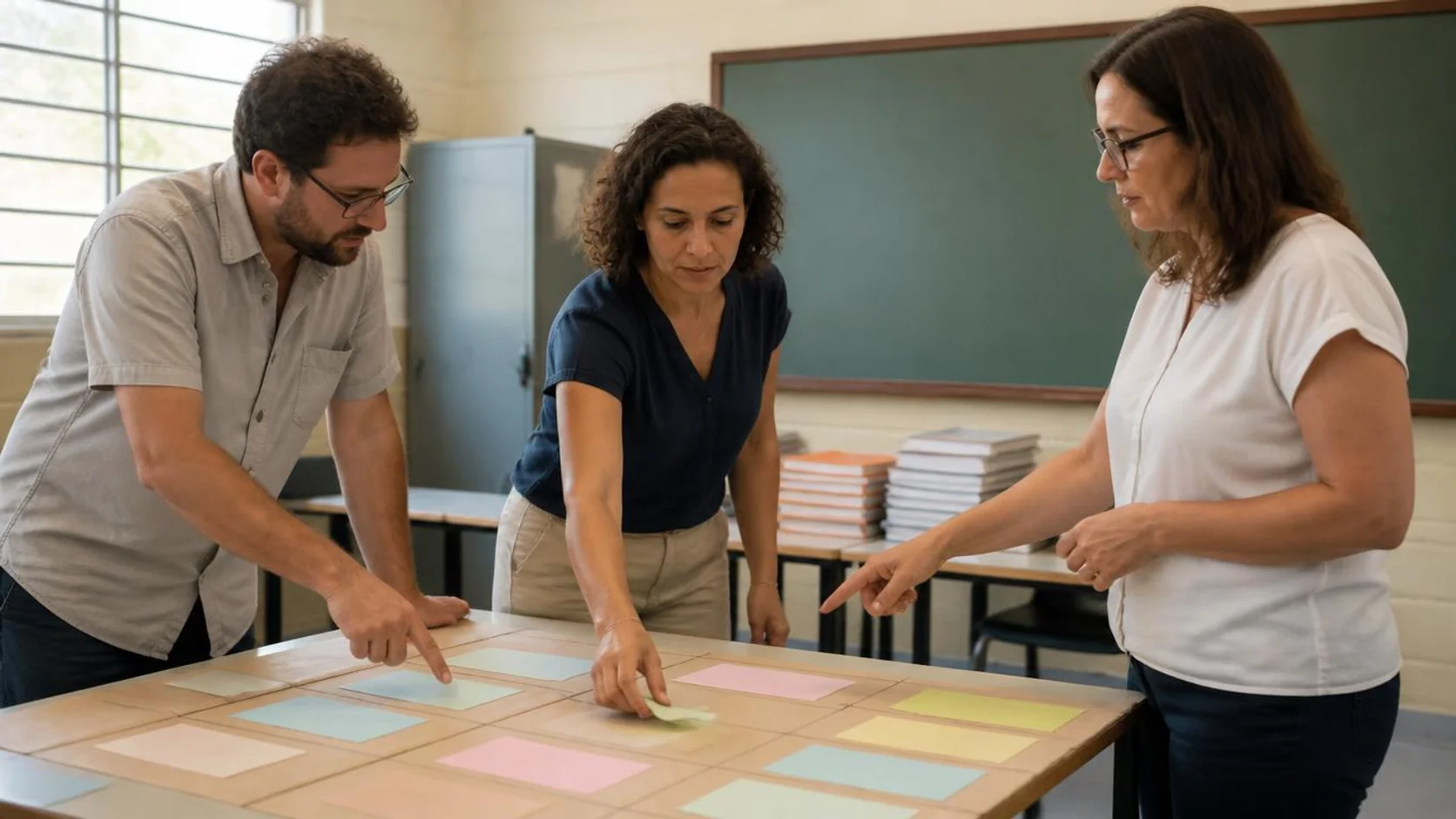 Três professores organizam cartões de papel colorido sobre uma grade desenhada em papel kraft durante planejamento coletivo do currículo.