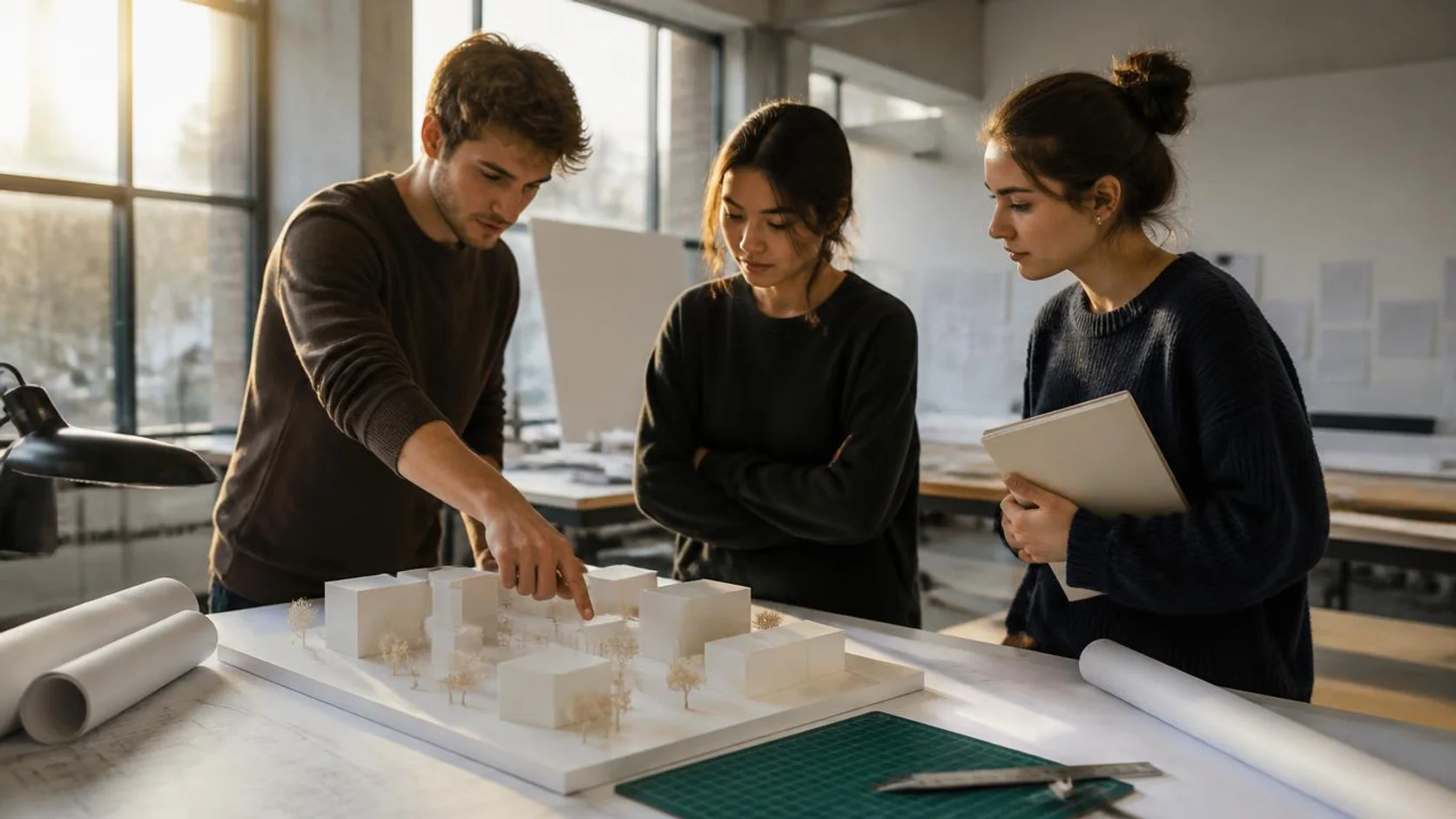 Estudantes de arquitetura analisam uma maquete física e desenhos técnicos sobre a mesa de ateliê, em luz natural.