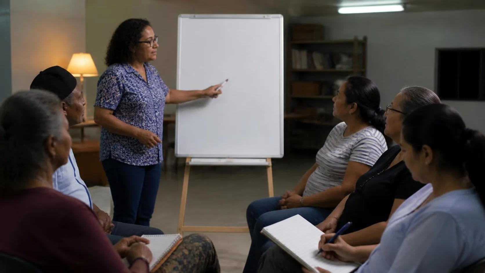 Professora em pé ao lado de um quadro branco portátil orienta um pequeno grupo de adultos que escrevem em cadernos, em sala de aula comunitária.