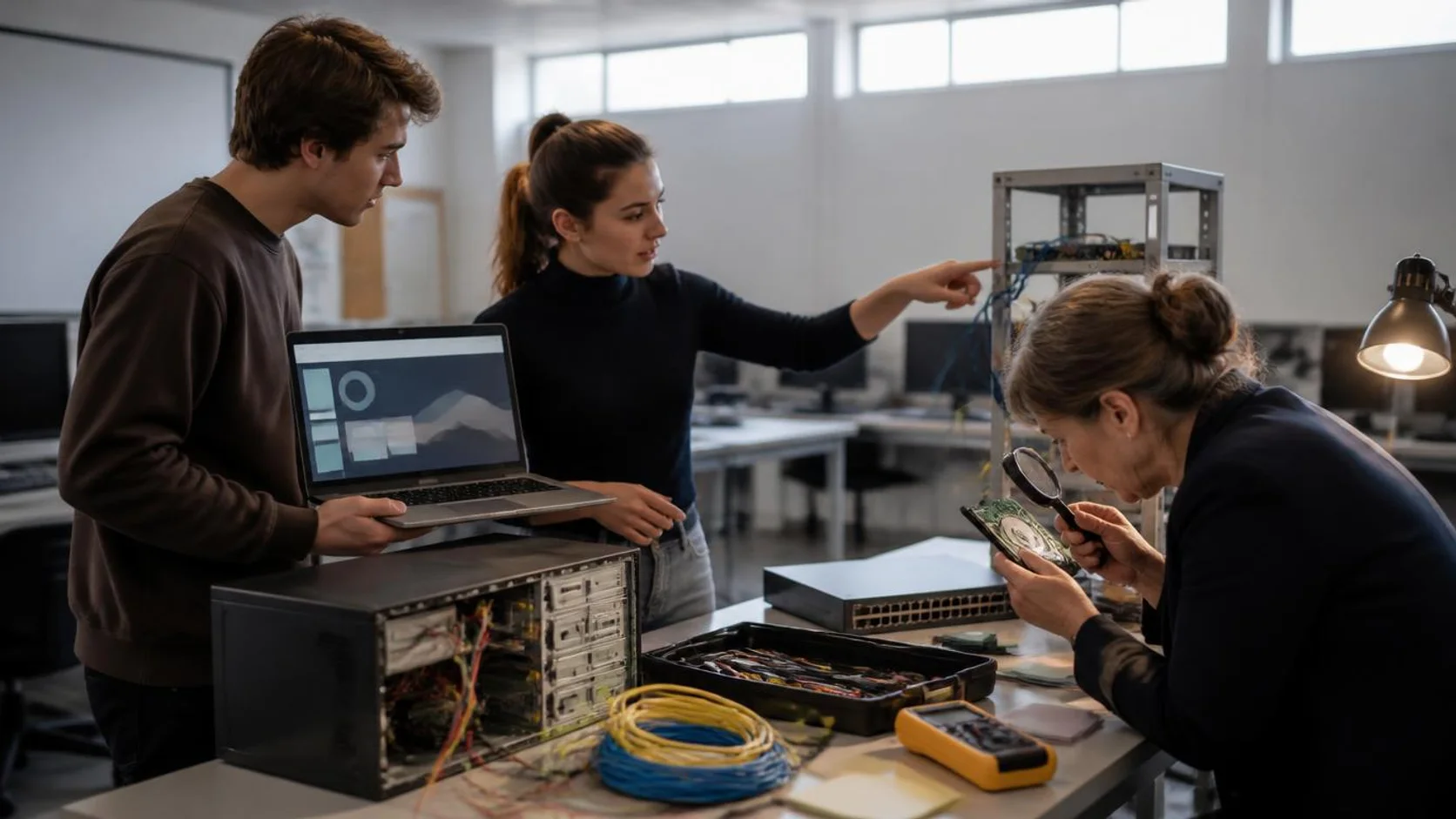 Estudantes apresentando projeto em laboratório de tecnologia, com computador desmontado, switch de rede e professora examinando uma placa.