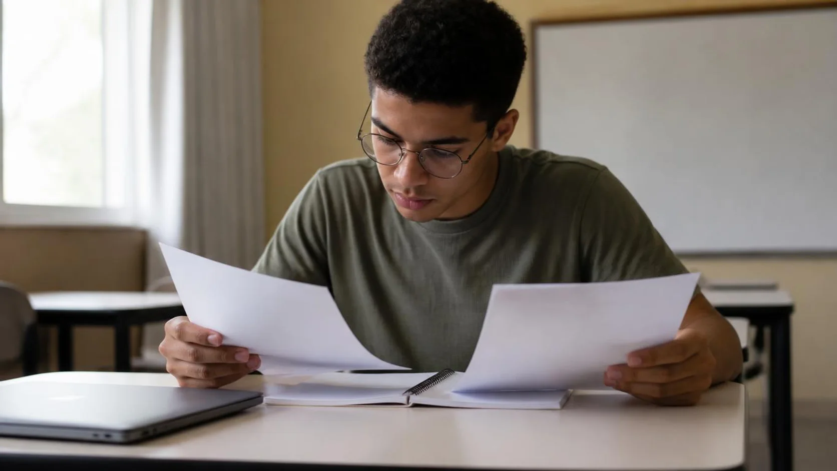 Estudante comparando dois folhetos de matriz curricular sobre a mesa enquanto faz anotações.