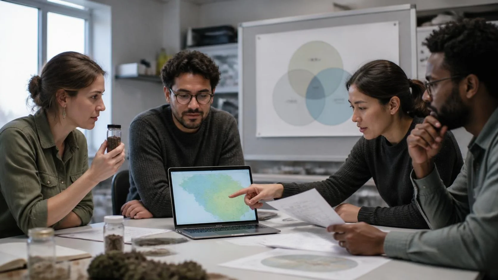 Equipe de pesquisa de áreas diferentes analisando amostra, questionário e mapa no computador durante reunião de trabalho conjunto.