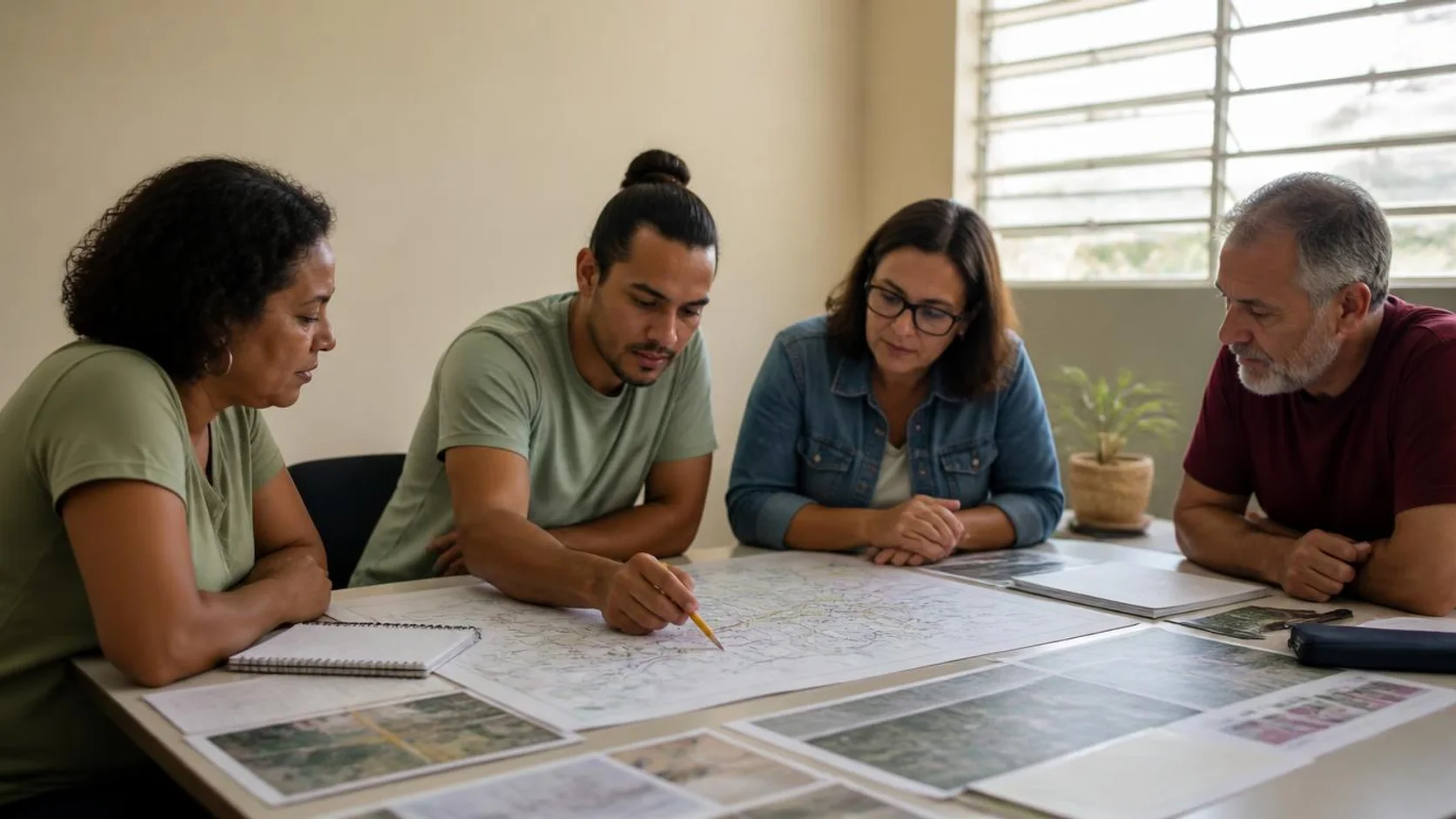 Quatro professores analisam um mapa impresso do entorno da escola sobre uma mesa, com um deles traçando um trajeto a lápis, em uma sala de planejamento com janelas de vidro laminado.