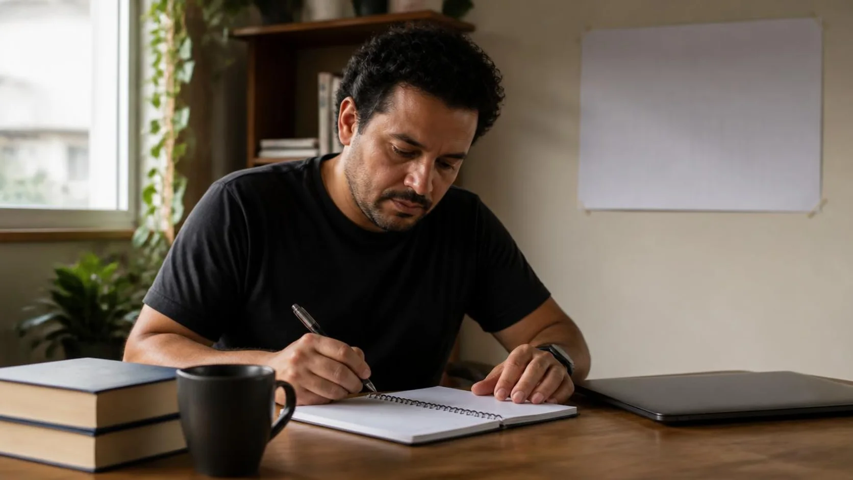 Pessoa anotando um cronograma de estudos semanal em um caderno, com agenda de parede e livros ao fundo em um escritório doméstico.
