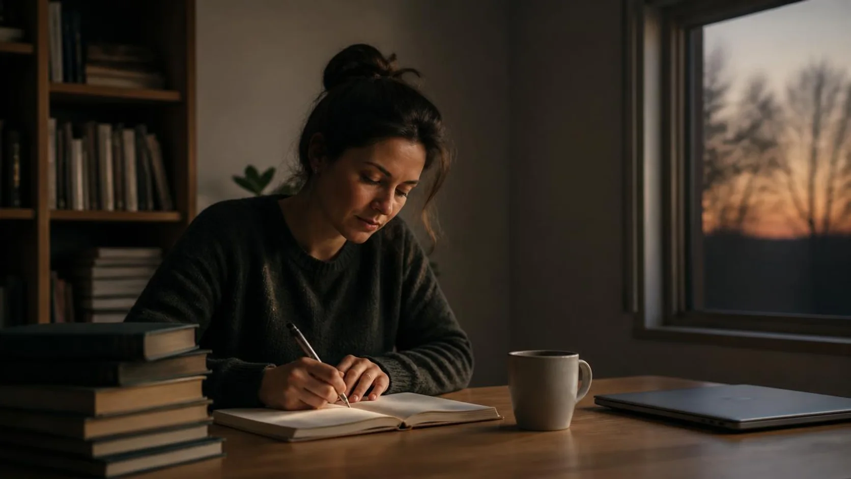 Mulher escrevendo à mão em um caderno em uma mesa de madeira, com livros e uma caneca ao lado, sob luz quente de fim de tarde.