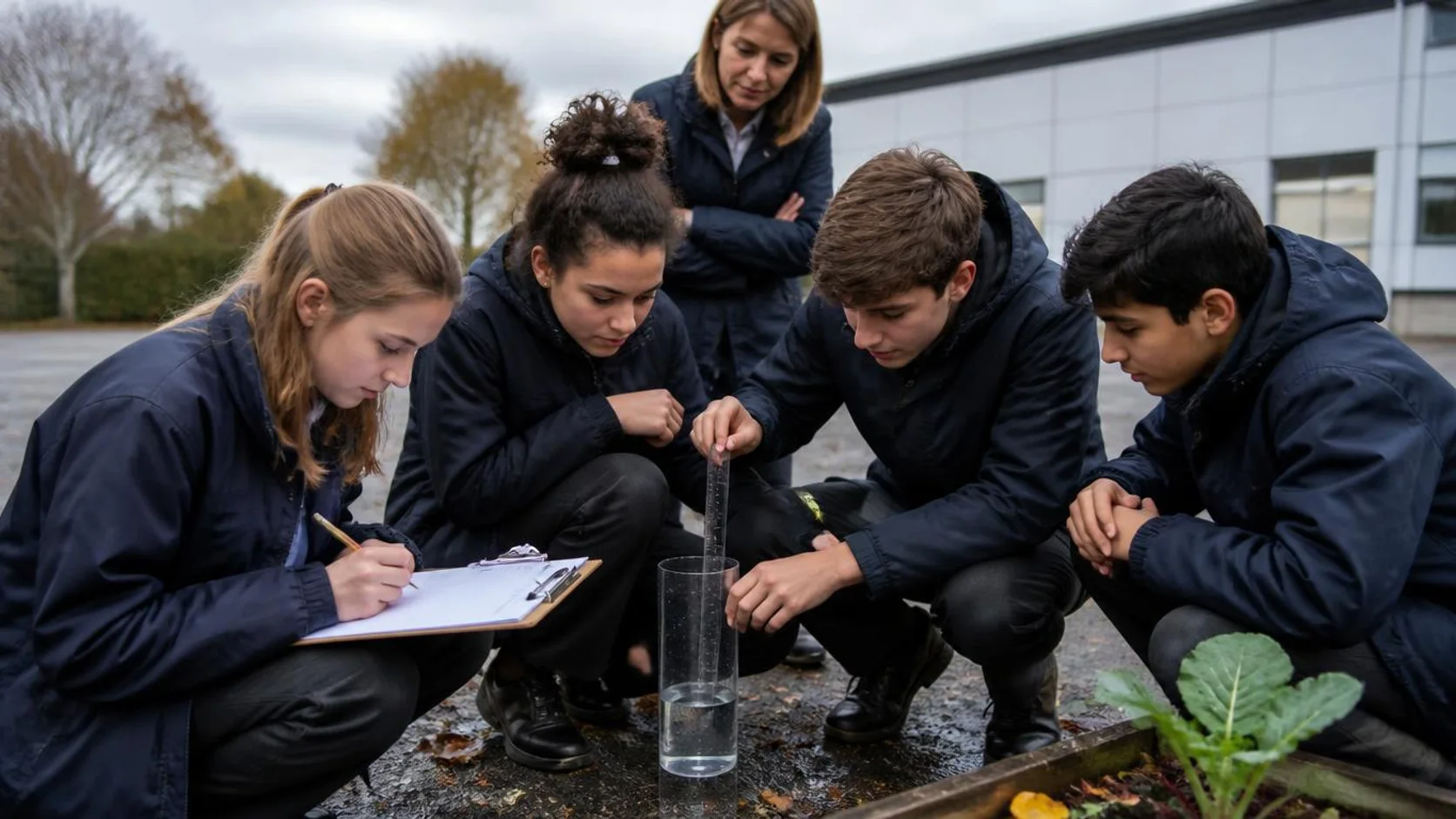 Turma de ensino médio mede a chuva com pluviômetro no pátio da escola enquanto anota os dados em prancheta.