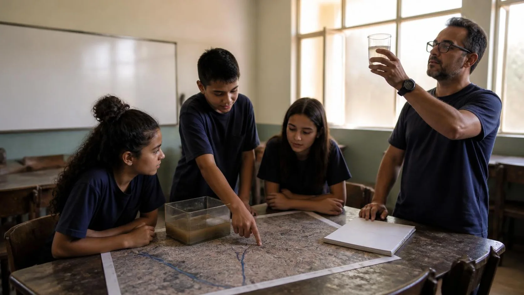 Estudantes e professora analisam mapa urbano e amostra de água em sala de aula, com medições anotadas em caderno.