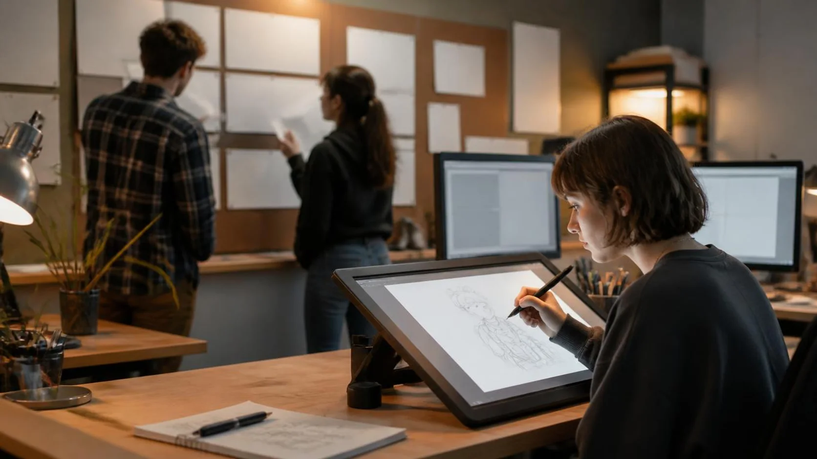 Estudante desenha em mesa digitalizadora enquanto colegas comparam pranchas de storyboard fixadas em um quadro no estúdio da faculdade.
