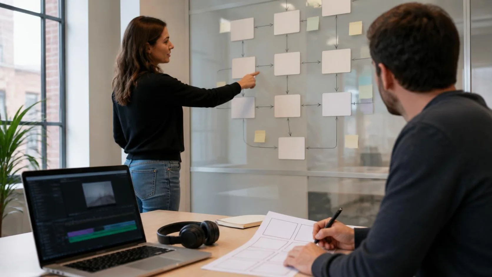 Equipe em sessão de desenho de curso diante de quadro com cartões e fluxo de etapas.