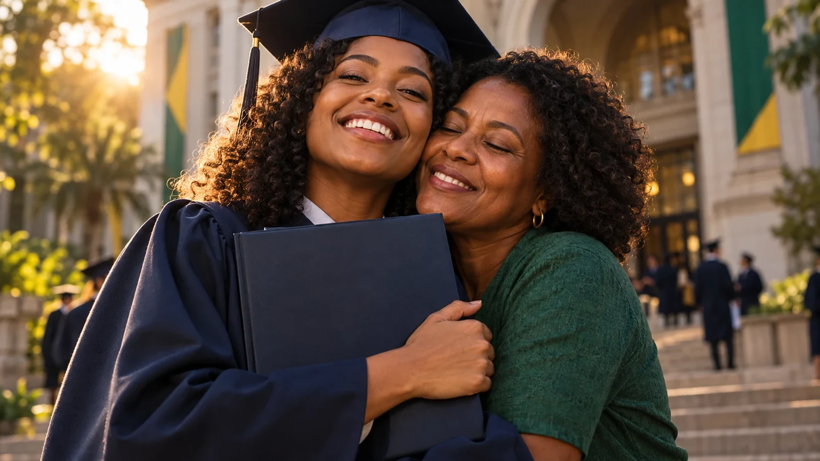 Formanda abraçada pela mãe, segurando a pasta do diploma diante de uma universidade