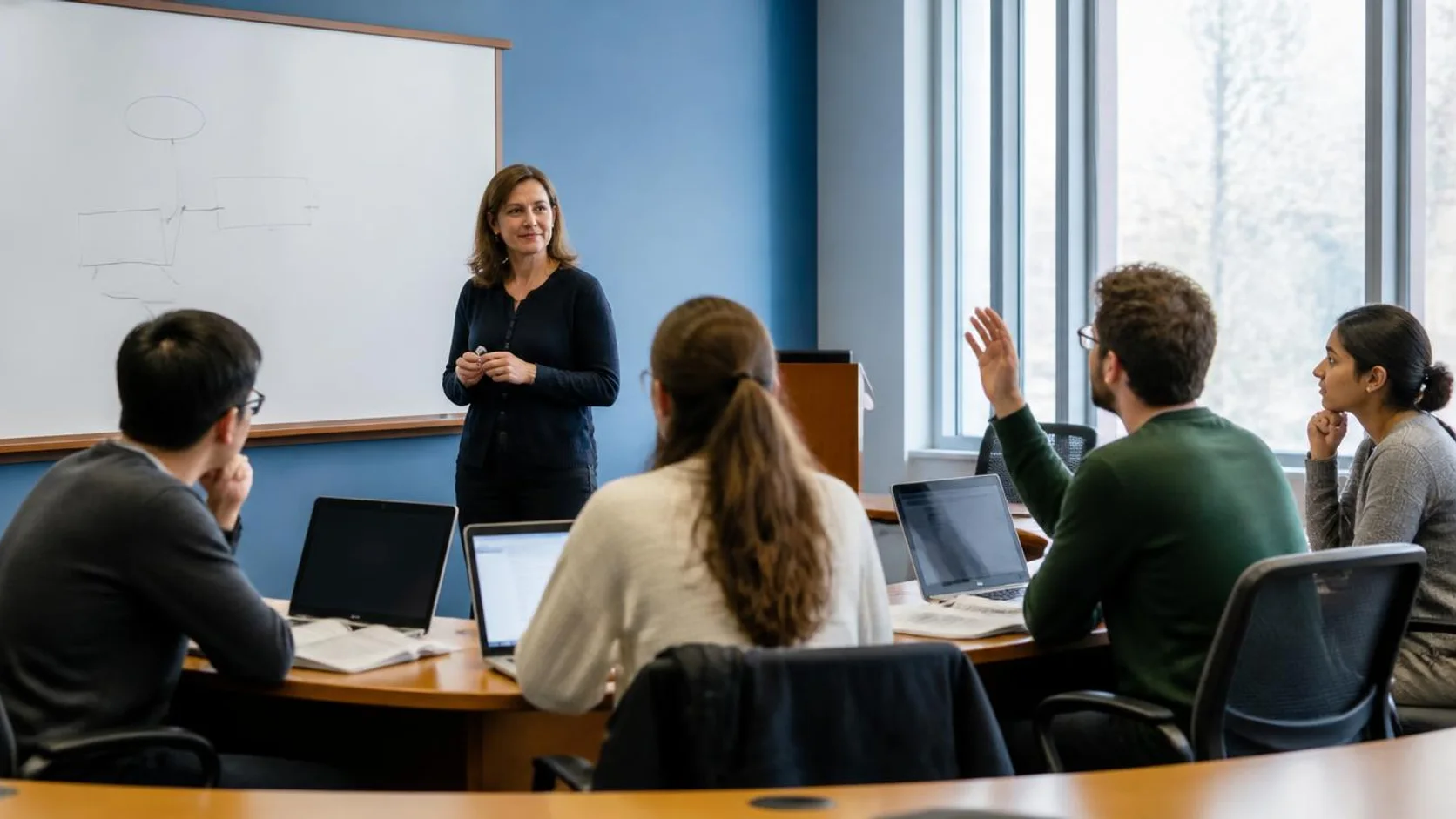 Professora em pé ao lado de quadro branco conversa com estudantes de pós-graduação sentados à mesa.