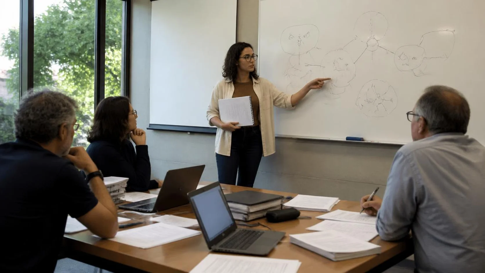 Doutoranda apresenta o esboço de sua tese a três professores em uma sala de seminário, com manuscritos e laptops sobre a mesa.