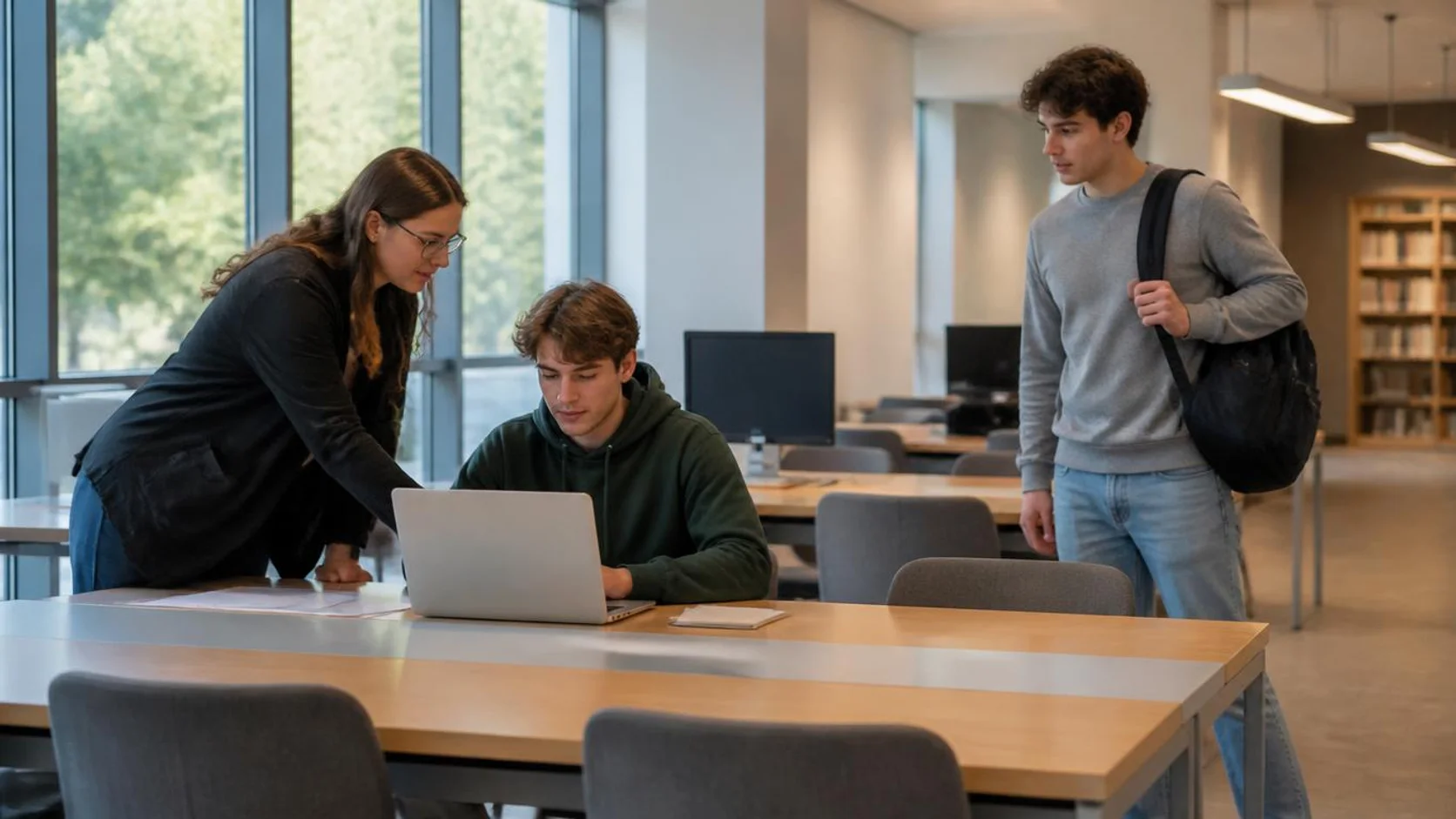 Estudantes em uma sala de estudos de um polo de educação a distância, com uma atendente explicando algo na tela do notebook.