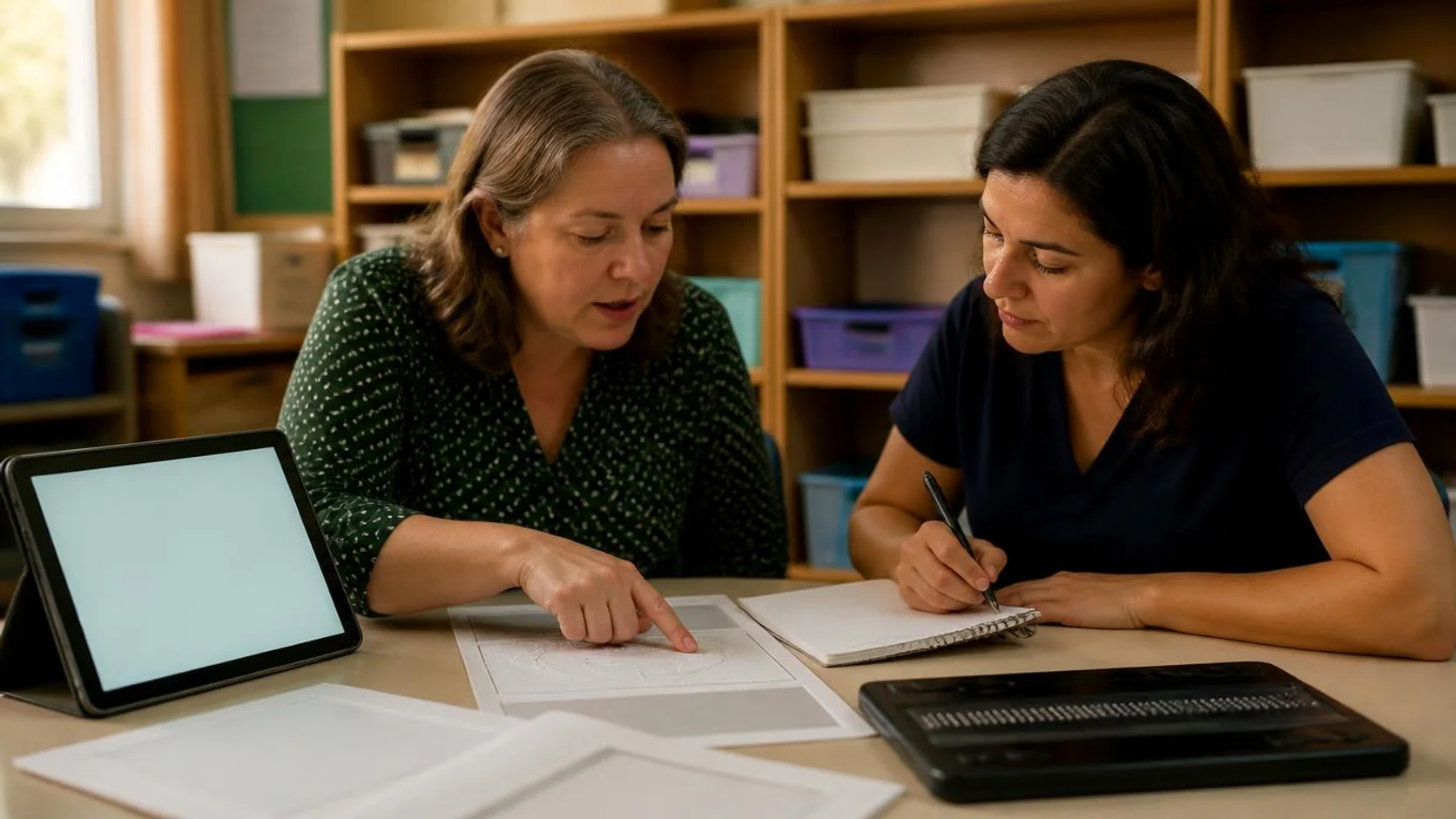 Duas professoras planejam adaptações curriculares sobre uma mesa com planos de aula impressos, diagrama em relevo e display braille ao lado de um tablet com texto ampliado.
