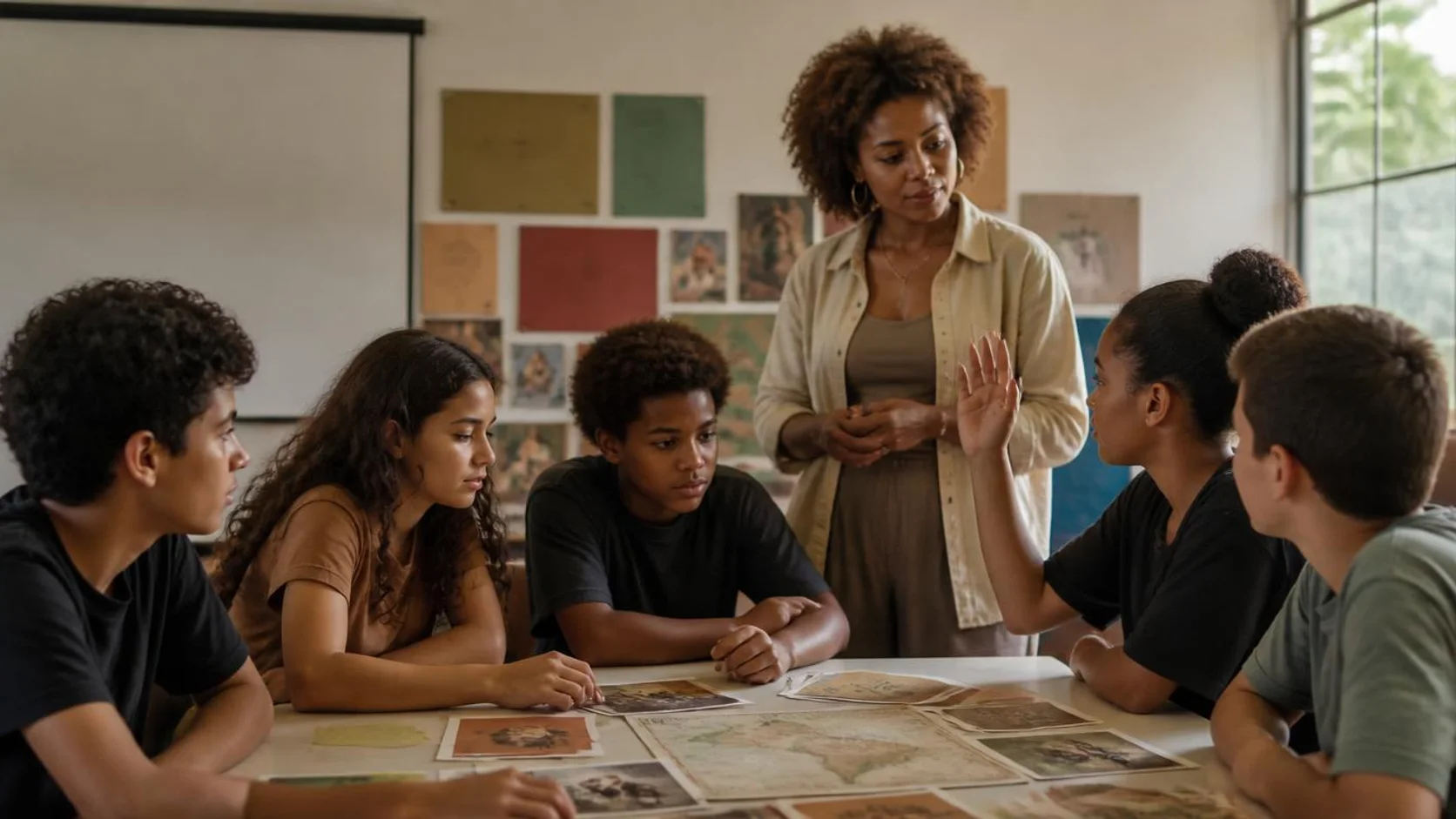 Professora negra conduz uma roda de conversa com estudantes ao redor de uma mesa com fotografias e mapas durante uma aula de história.